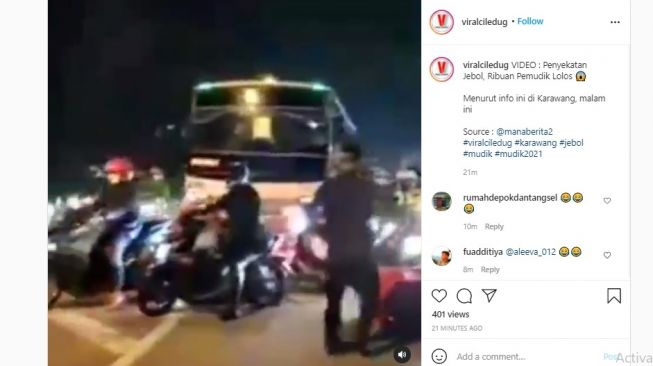 Viral video pos penyekatan mudik jebol dan ribuan pemudik lolos. Peristiwa itu disebut terjadi di Karawang.[Instagram/@viralciledug]