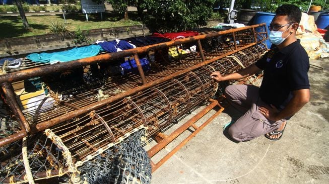 Seorang petugas memperlihatkan barang bukti berupa alat penangkap teripang milik kapal ikan asing berbendera Vietnam di dermaga Stasiun Pengawasan Sumber Daya Kelautan dan Perikanan (PSDKP) Pontianak di Kabupaten Kubu Raya, Kalimantan Barat, Sabtu (8/5/2021).ANTARA FOTO/Jessica Helena Wuysang
