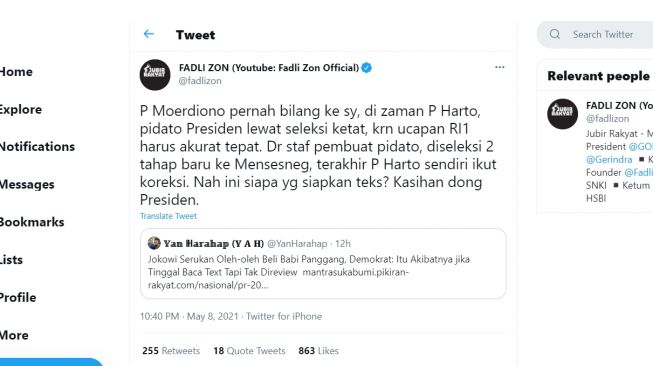 Ramai Soal Bipang, Fadli Zon: Zaman Soeharto Seleksi Pidato Presiden Ketat (Twitter/Fadlizon)