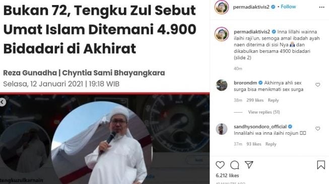 Postingan Permadi Arya alias Abu Janda terkait kabar Ustaz Tengku Zul meninggal, Senin (10/5/2021). [Instagram]