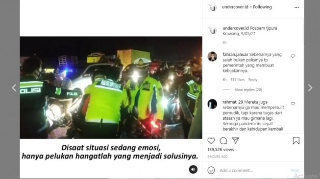 Viral polisi peluk hangat pemudik yang emosi.[Instagram/undercover.id]