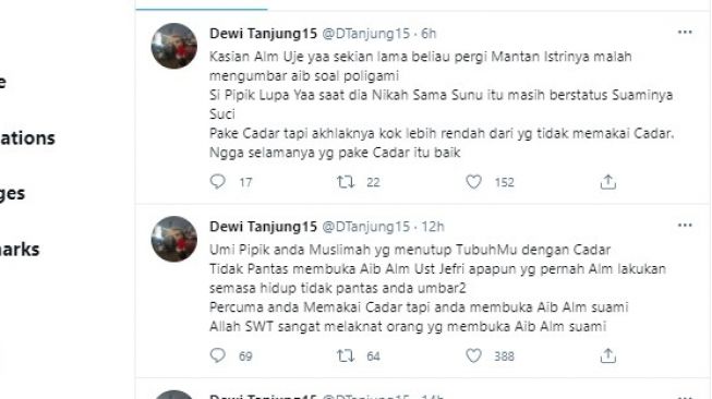 Cuitan Dewi Tanjung soal Umi Pipik dipoligami.[Twitter/@DTanjung15]