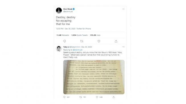 Nama Elon Musk muncuk di buku periode 1953. [Twitter]