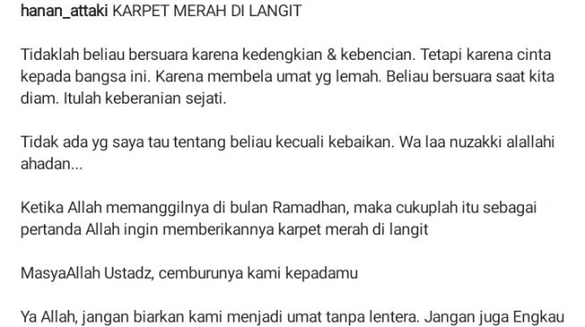 Hanan Attaki Hapus Tulisan Karpet Merah di Langit Soal Tengku Zulkarnain