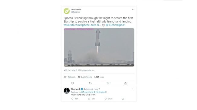 Cuitan Elon Musk perihal rencana kembalinya uji coba Starship SN15. [Twitter]