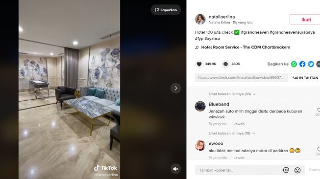 Viral Hotel Jenazah di Surabaya 100 Juta Per Malam, Fasilitas Bikin Syok (TikTok/Nataliaerlina)