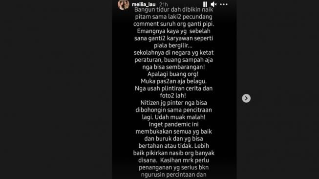 Unggahan Meilia Lau saat marah-marah di Instagram Story. 