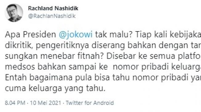 Rachland Nashidik sindir pengkritik pemerintah selalu diserang (Twitter/rachlannashidik)