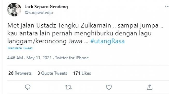 Cuitan Sudjiwo Tedjo soal Ustaz Tengku Zulkarnain meninggal dunia.[Twitter/@sudjiwotedjo]