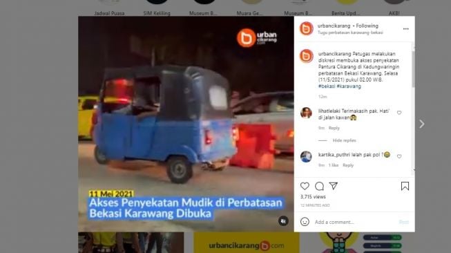 Penyekatan mudik di perbatasan Bekasi-Karawang dibuka.[Instagram/urbancikarang]