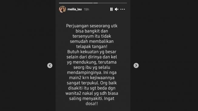 Unggahan Meilia Lau saat marah-marah di Instagram Story. 