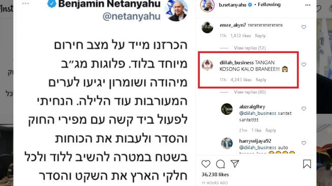 Warganet serang akun IG Benjamin Netanyahu (instagram.com/@b.netanyahu)