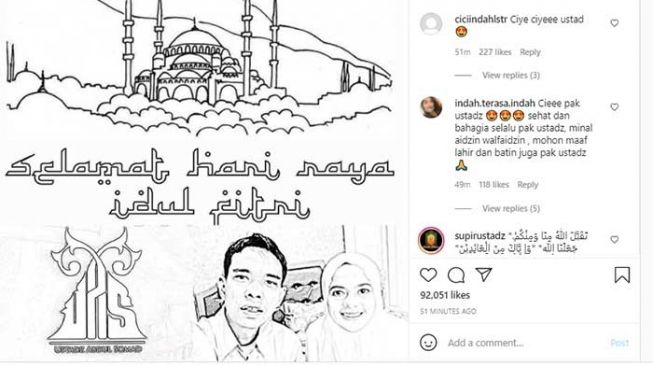 Tangkapan layar Instagram Ustaz Abdul Somad dan istrinya Fatimah ucapkan selamat Idul Fitri. [Instagram/@ustadzabdulsomad_official]