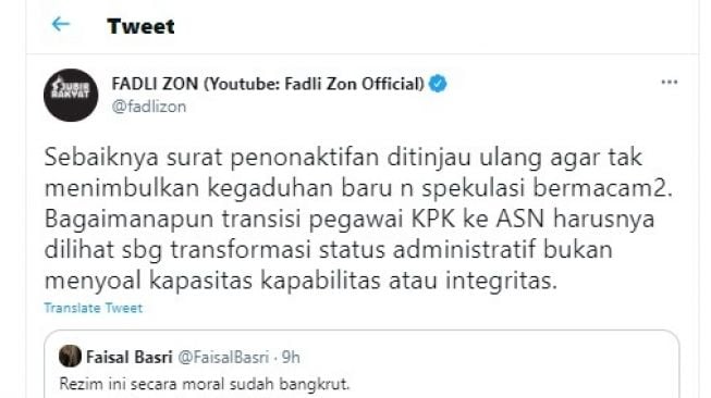 Fadli Zon mendesak agar SK penonaktifan 75 pegawai KPK itu ditinjau ulang.[Twitter/@fadlizon]