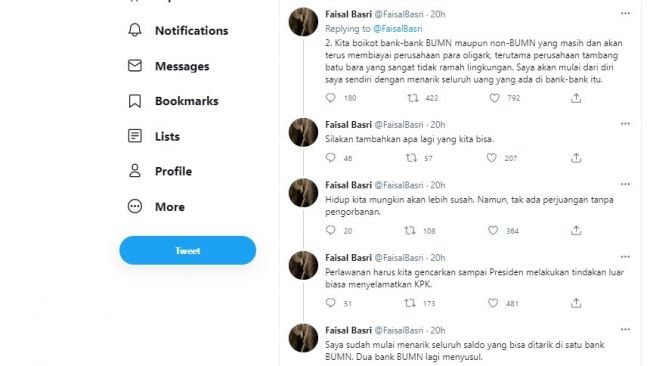 Cuitan Faisal Basri soal 75 pegawai KPK dinonaktifkan.[Twitter/@FaisalBasri]