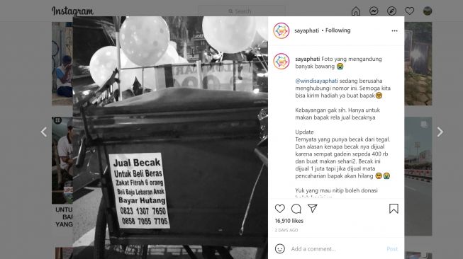 Kisah Pilu Tukang Becak Rela Jual Becaknya Demi Bayar Zakat dan Lebaran (Instagram/Sayaphati)