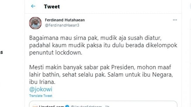 Cuitan Ferdinand Hutahaean soal wabah Covid-19 sirna.[Twitter/@FerdinandHaean3]