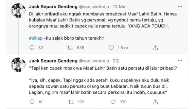 Pesan Sujiwo Tejo di Twitter yang tidak mau membalas pesan berantai ucapan hari lebaran. 