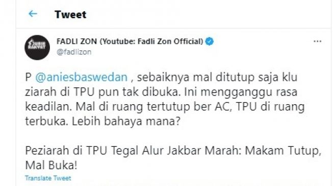 Cuitan Fadli Zon soal TPU ditutup.[Twitter/@fadlizon]