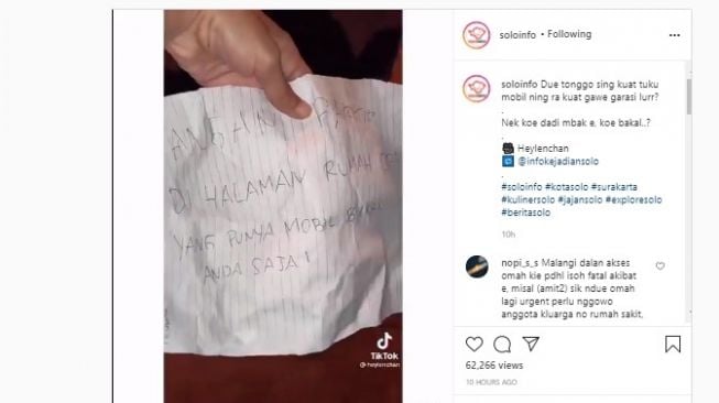 Viral warga jengkel halaman rumah dijadikan tempat parkir.[Instagram/soloifno]