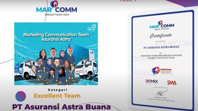 Marcomm Asuransi Astra meraih Marcomm Excellent Team 2021 dari Majalah MIX Marketing & Communication untuk Indonesia Marcomm & Corcomm Dream Team 2021 [Dok Asuransi Astra].