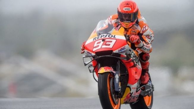 Rider Repsol Honda Marc Marquez melaju di free practice ketiga MotoGP Prancis di Le Mans. JEAN-FRANCOIS MONIER / AFP