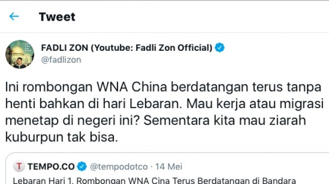 Fadli Zon mempertanyakan kedatangan WNA di masa larangan mudik lebaran. [Twitter]