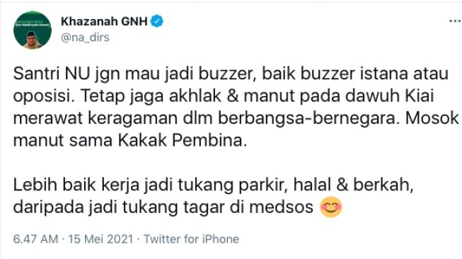 Tangkapan layar imbauan gus nadir kepada para santri NU. [twitter]