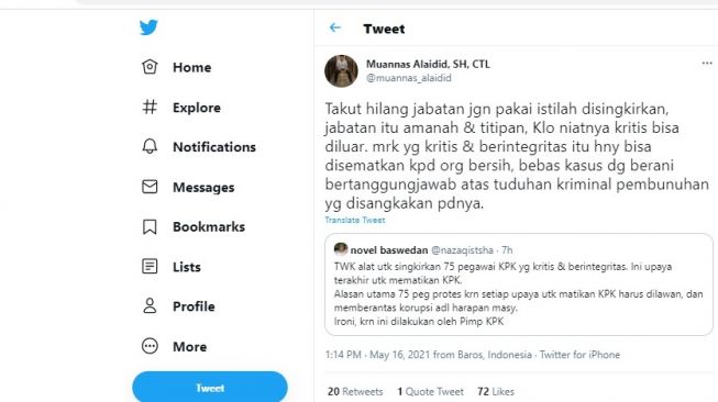 Cuitan Muannas Alaidid menanggapi Novel Baswedan.[Twitter/muannas_alaidid]