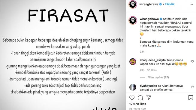 Tangapan layar unggahan firasat buruk Paranormal Wirang Wibawa. [Instagram]