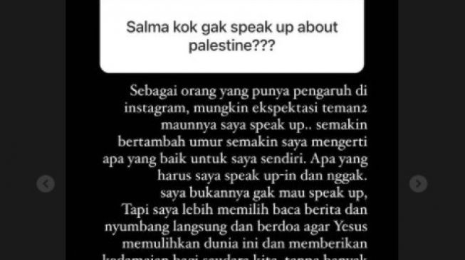 Postingan Salmafina Sunan soal konflik Israel Palestina. (Instagram/@salmafinasunan)