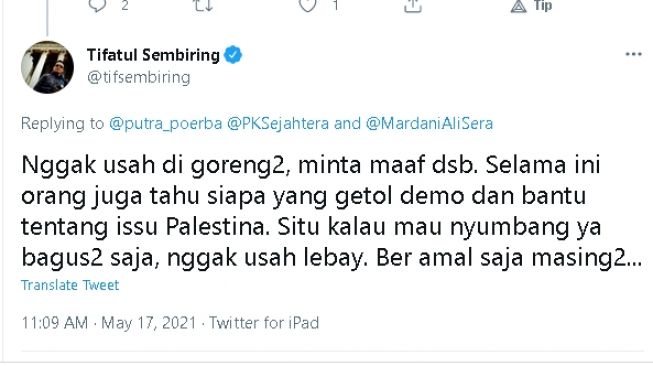 Tifatul Sembiring bicara soal PKS biungung hendak sumbang Palestina (twitter.com/@tifsembiring)