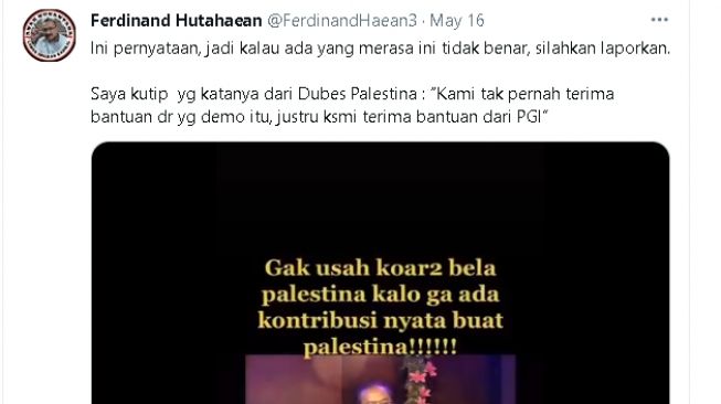 Seorang pria sampaikan kutipan pernyataan Dubes Palestina soal donasi (twitter.com/@FerdinandHaean3)