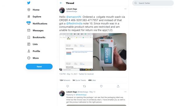 Beli Obat Kumur Online, Pria Ini Syok yang Datang Malah Ponsel Baru (Twitter/Lokeshdaga)