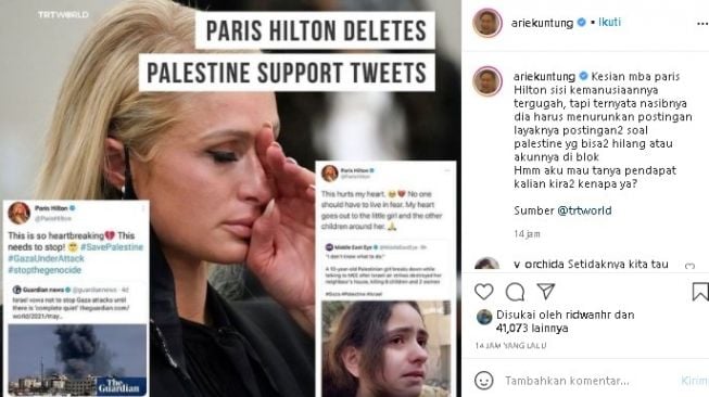 Postingan Arie Untung tanggapi Paris Hilton. (Instagram/@arieuntung)