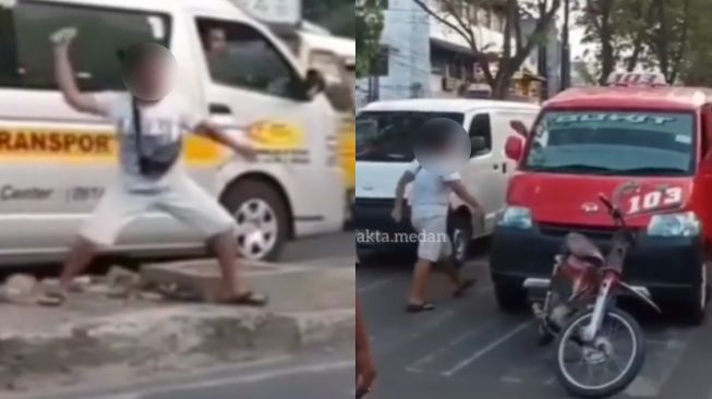 Ngeri Emak-Emak Ini Lempari Angkot dengan Paving Pembatas Jalan, Apa Sebab?