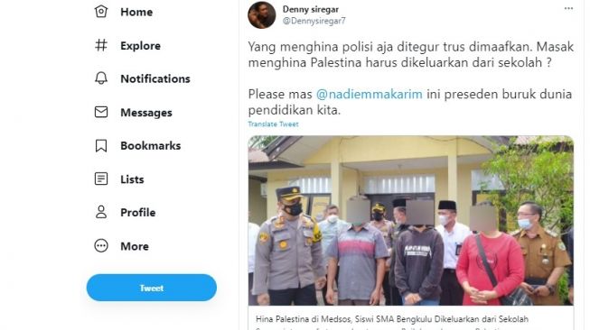 Cuitan Denny Siregar soal penghina Palestina dikeluarkan dari sekolah.[Twitter/@Dennysiregar7]