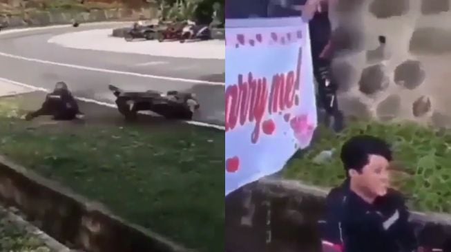 Pemotor Ini Jatuh hingga Masuk Got, Rupanya Bikin Drama untuk Lamar Kekasih