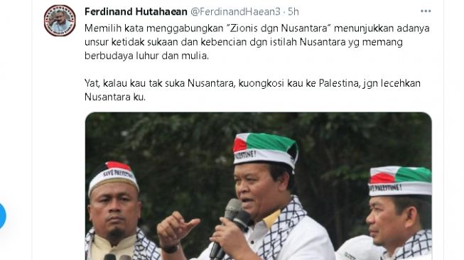 Cuitan Ferdinan Hutahaean terkait istilah 'Zionis Nusantara' (twitter.com/@FerdinandHaean3)