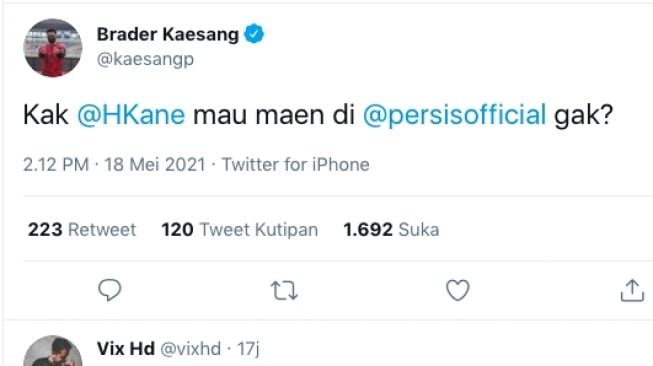 Tangkapan layar cuitan Kaesang Pangarep ajak Harry Kane main ke Persis Solo. [Twitter]