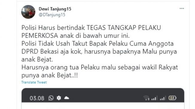Cuitan Dewi Tanjung soal kasus dugaan pemerkosaan yang dilakukan anak anggota DPRD Kota Bekasi.[Twitter/@DTanjung15]