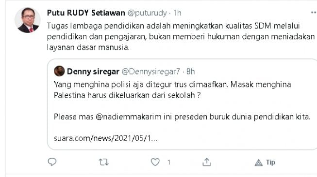 Dosen ITS angkat bicara soal siswi hina Palestina dikeluarkan dari sekolah (twitter.com/@puturudy)