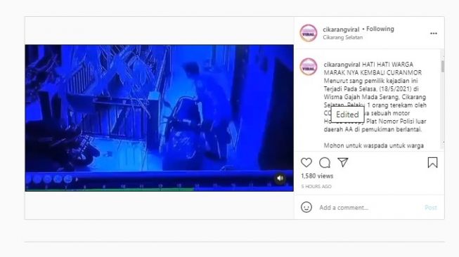 Viral rekaman cctv maling motor beraksi di Cikarang.[Instagram/@cikarangviral]