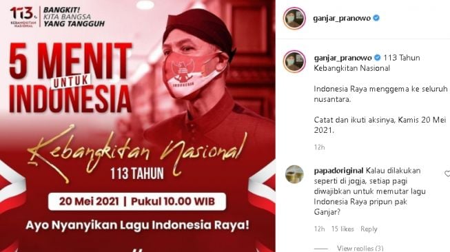 Ganjar Pranowo ajak masyarakat nyanyikan lagu Indonesia Raya (instagram.com/@ganjar_pranowo)