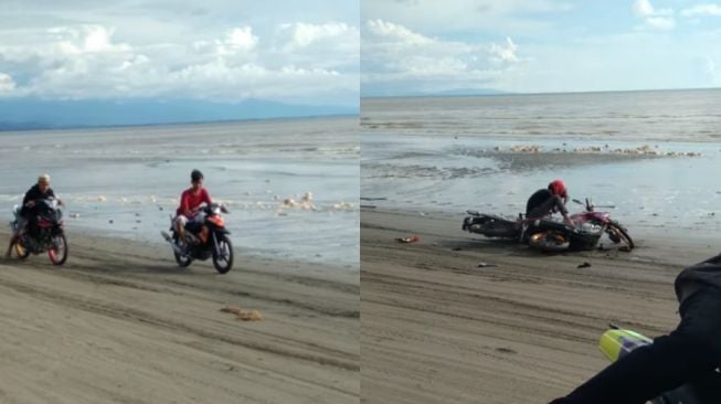 Kebut-kebutan di Pantai, Yamaha Vixion Ban Cacing Malah Tabrak Motor Klasik