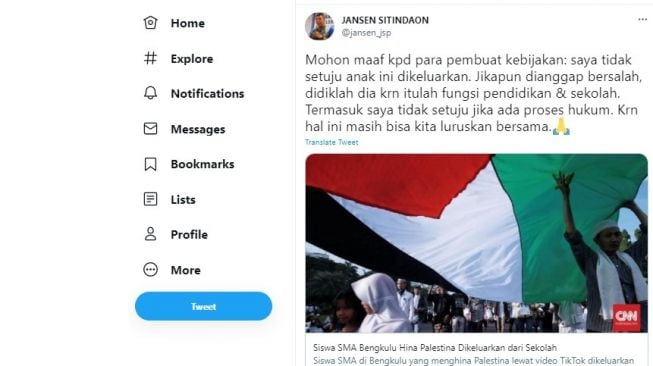 Cuitan Jansen Sitindaon soal anak penghina Palestina dikeluarkan dari sekolah.[Twitter/@jansep_jsp]