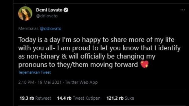 Demi Lovato mengumumkan dirinya sebagai non biner (Twitter/ddlovato)