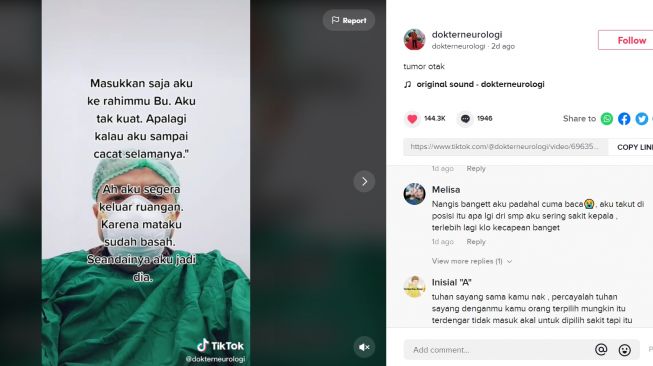 Momen Dokter Beritahu Pasien Tumor Otak, Tak Kuat Tahan Air Mata (TikTok/Dokterneurologi)