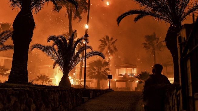 Seorang pria berdiri di depan api saat terjadi kebakaran di dekat Desa Schinos, sebelah barat Athena, pada (19/5/2021). [VALERIE GACHE / AFP]