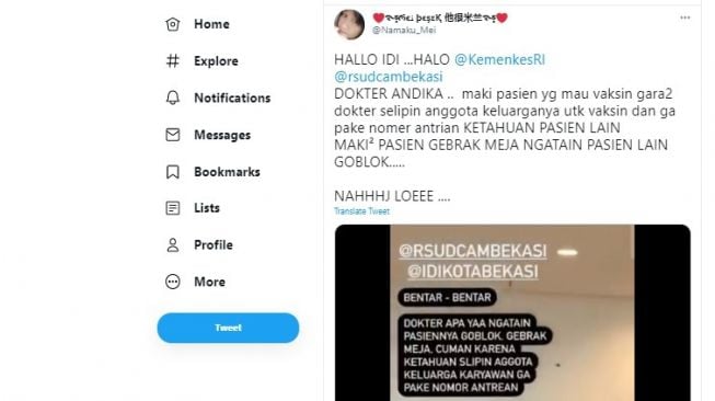 Viral video pasien RSUD Kota Bekasi Protes Disebut Goblok.[Twitter/@Namaku_Mei]